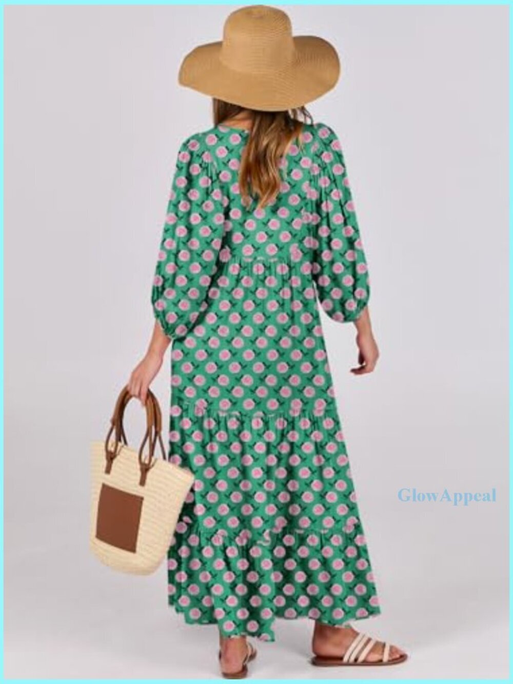 Maxi Dress with Puff Sleeves, V-Neck, Flowy Swing Fit for Casual Wear - Picture 4 of 7